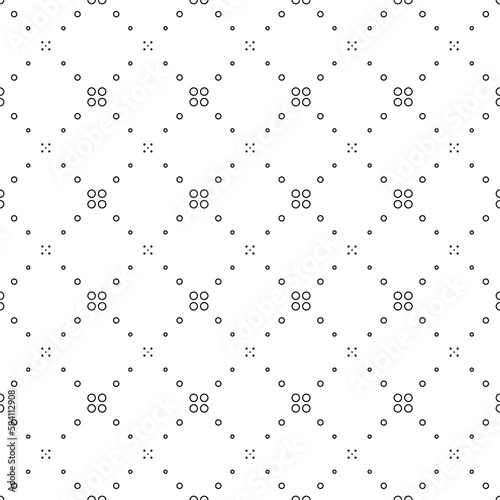 Vector illustration. Geometric seamless pattern. The solid dots and linear circles in the rows form a rhombus shape. Spotted grey, black and white background. Simple monochrome abstract pattern.