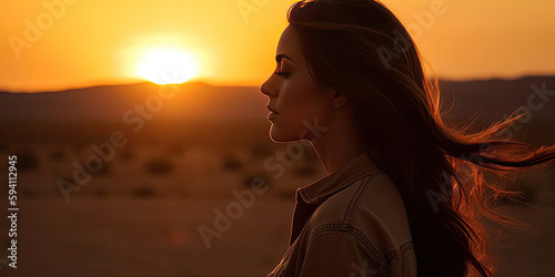 close-up backlit image of a young woman at sunset on the desert with golden lighting - generative AI