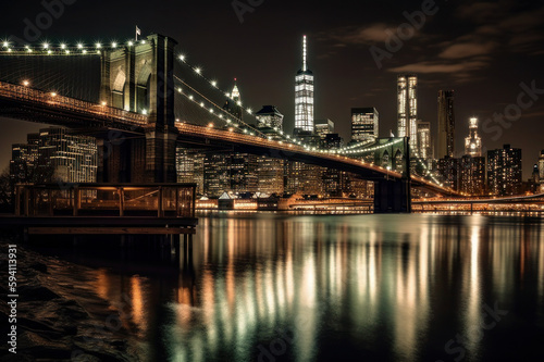 city bridge and city skyline at night
