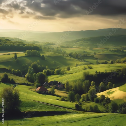 A picturesque countryside with rolling hills and vibrant fields, 