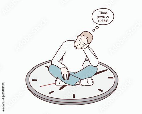 Man sitting on on a clock. Hand drawn style vector design illustrations. Hand drawn style vector design illustrations.