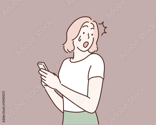Shocked woman with phone. Hand drawn style vector design illustrations. Hand drawn style vector design illustrations.