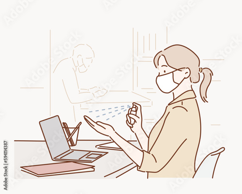 Business woman wearing face mask in the office disinfecting hands because of Covid-19 and corona virus. Hand drawn style vector design illustrations.