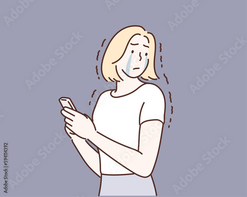 depressed sad sick young woman with mobile cellphone. Hand drawn style vector design illustrations.