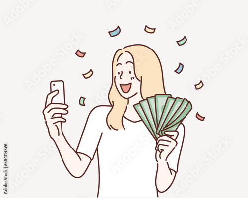 Woman holding smartphone and dollars. drawn style vector design illustrations.
