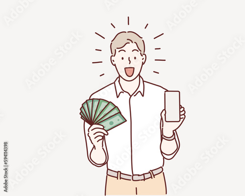 Businessman holding smartphone and dollars. Hand drawn style vector design illustrations.