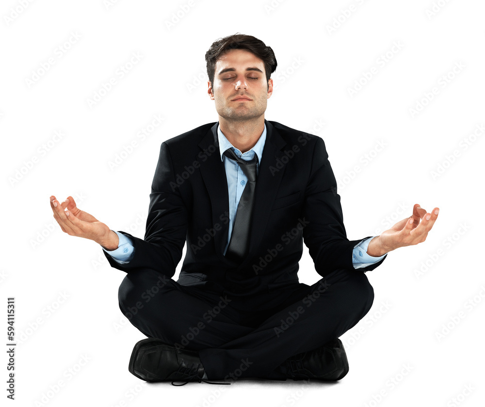Yoga meditation, relax and businessman with lotus for stress relief, spiritual mental health or energy healing. Calm, meditate zen and employee with mindfulness isolated on transparent png background Yoga meditation, relax and businessman with lotus for stress relief, spiritual mental health or energy healing. Calm, meditate zen and employee with mindfulness isolated on transparent png background