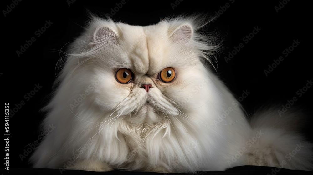 A beautiful white Persian cat with orange eyes isolated on black background. Generative AI