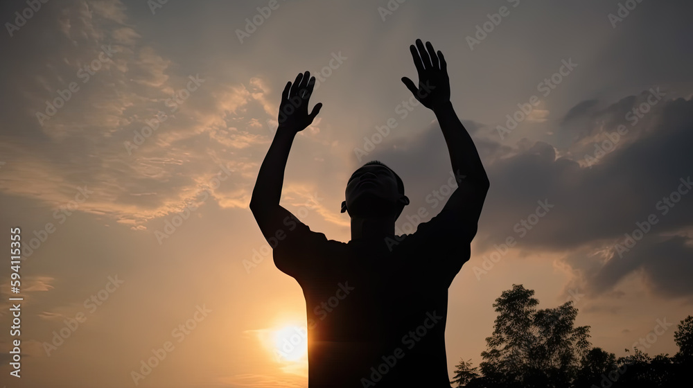 silhouette of a praying man outside at sunset. Generative AI