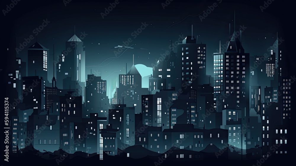 urban big city at night. lights are on in many windows. Generative AI