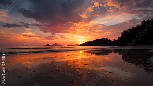 beautiful sunset at the beach with a dramatic sky. Generative AI