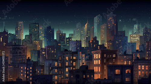 urban big city at night. lights are on in many windows. Generative AI