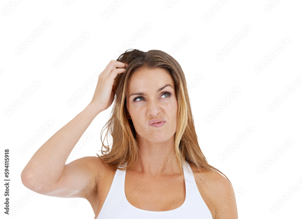 Thinking, confused and woman scratching her head in doubt and confusion. Idea, hair scratch and difficult choice for model with frustrated expression on face isolated on transparent, png background
