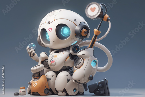 a robot doctor, holding a stethoscope and smiling © Hatia