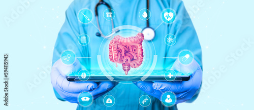 Large and small intestine. Colon cancer, bacteria, virus in the intestine, inflammation, ulcerative colitis, colonoscopy, diverticulosis and diverticulitis, colon polyps. Doctor isolated	
