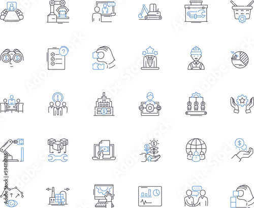Mass production line icons collection. Efficiency, Standardization, Assembly line, Automation, Volume, Consistency, Division of labor vector and linear illustration. Cost-effective,Interchangeable