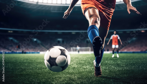 Close-up of football dribbling by soccer player in the stadium. Sport and competition concept. Generative AI © Virtual Art Studio