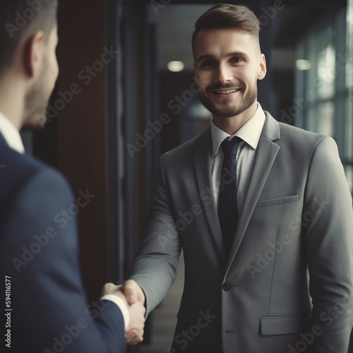 Hiring manager greeting male applicant with a handshake