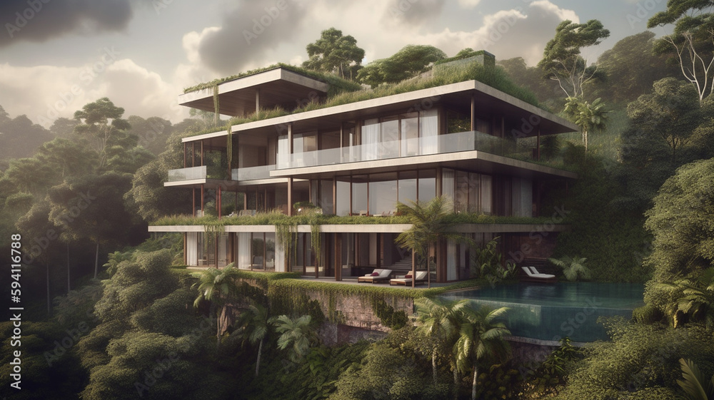 Large luxury villa design in three stories, large balconies completly filled with plants, lush green landscape like bali Large luxury villa design in three stories, large balconies completly filled with plants, lush green landscape like bali