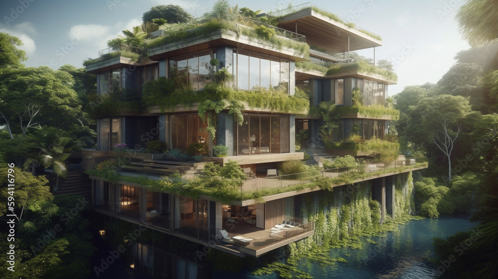 Large luxury villa design in three stories, large balconies completly filled with plants, lush green landscape like bali