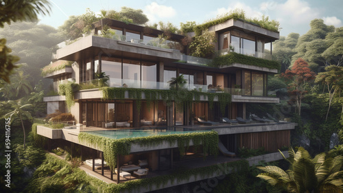 Large luxury villa design in three stories  large balconies completly filled with plants  lush green landscape like bali