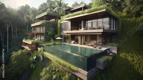 Large luxury villa design in three stories, large balconies completly filled with plants, lush green landscape like bali