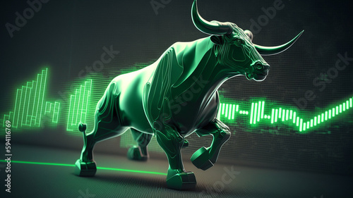 Image of a green bull with stock  forex or crypto chart going up  concept of bull market and making money