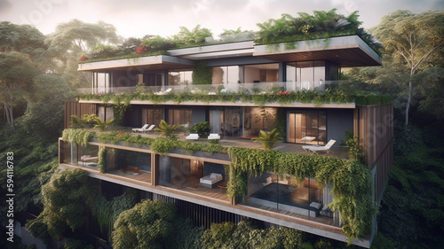 Large luxury villa design in three stories, large balconies completly filled with plants, lush green landscape like bali
