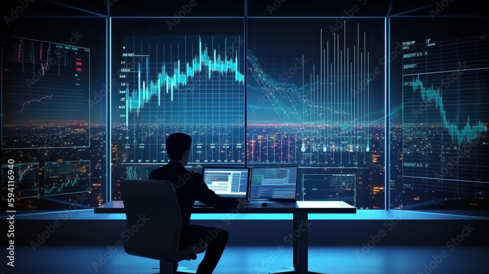 Businessman analyst working with digital finance business data graph showing technology of investment strategy. Digital economic analysis technology vector, generative ai Businessman analyst working with digital finance business data graph showing technology of investment strategy. Digital economic analysis technology vector, generative ai