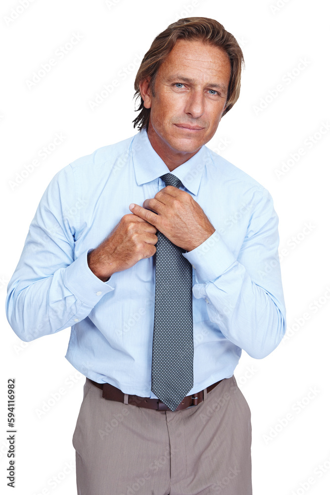 Portrait, tie and transparent with a business man isolated on a PNG background, getting ready for work. Professional, corporate and fashion with a mature male employee preparing for management Portrait, tie and transparent with a business man isolated on a PNG background, getting ready for work. Professional, corporate and fashion with a mature male employee preparing for management