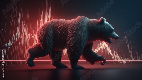 Red bear glowing in front of stock  forex or crypto chart  concept of bear market  recession and financial crisis