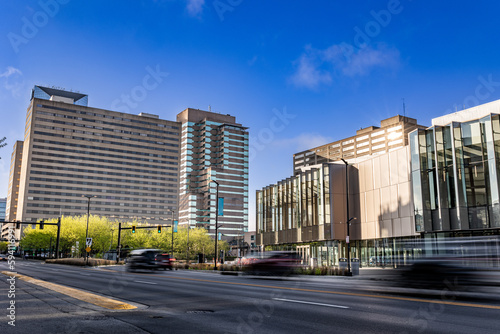 The newly constructed convention center and sports arena, along with towering office buildings and hotels, line Main Street in Lexington, Kentucky where heavy vehicular congestion can often be observe