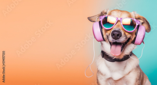 close up portrait of dog wearing glasses and headset. isolated on colorful background, with copyspace. Cheerful concept with listening to music. generative ai © neng kokom komala