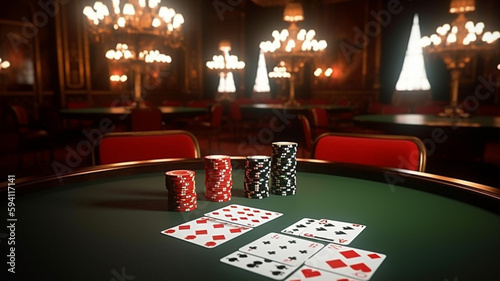 Poker card game in casino, gambling with money and chips.
