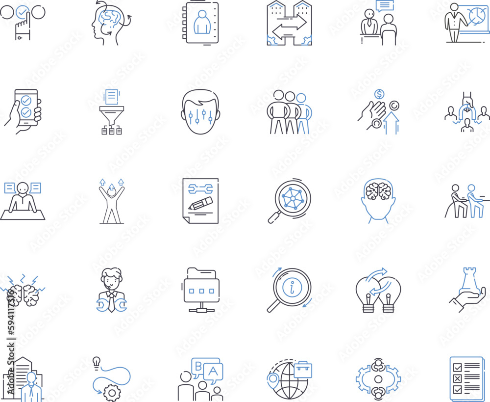 Agency task line icons collection. Strategy, Optimization, Marketing, Advertising, Planning, Creative, Branding vector and linear illustration. Collaboration,Analytics,Design outline signs set