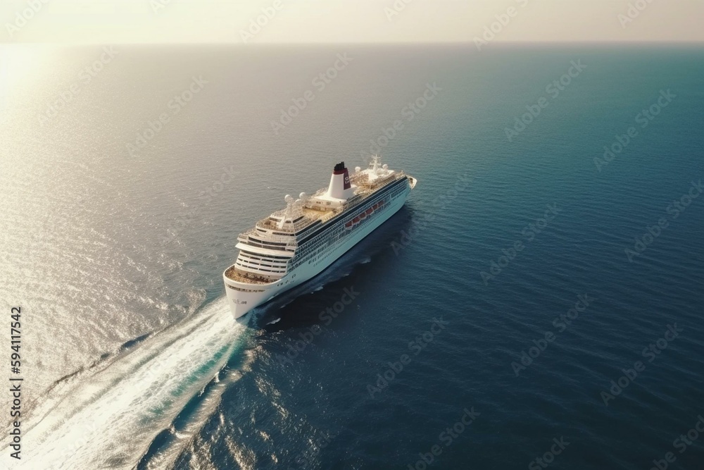 Cruise ship sailing across The Mediterranean sea - Aerial footage. Aerial view of a beautiful white cruise liner in a sunny day. Luxury cruise in the ocean sea concept tourism travel. Generative AI