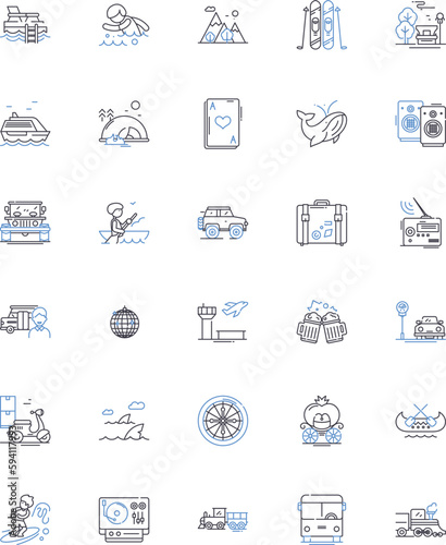 Roaming line icons collection. Wanderlust, Explore, Journey, Discovery, Adventure, Trekking, Excursion vector and linear illustration. Sojourn,Pilgrimage,Expedition outline signs set