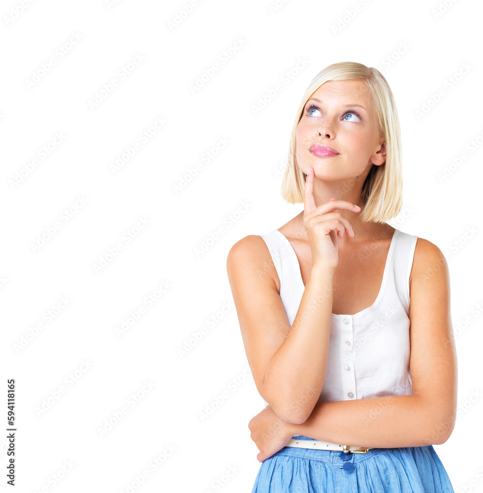 Woman is thinking with ideas, inspiration and thoughtful with decision or choice isolated on transparent or png background. Young female, memory with contemplation and question with curious person