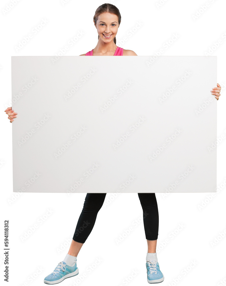 Sport fitness woman hold blank board isolated over white background Sport fitness woman hold blank board isolated over white background