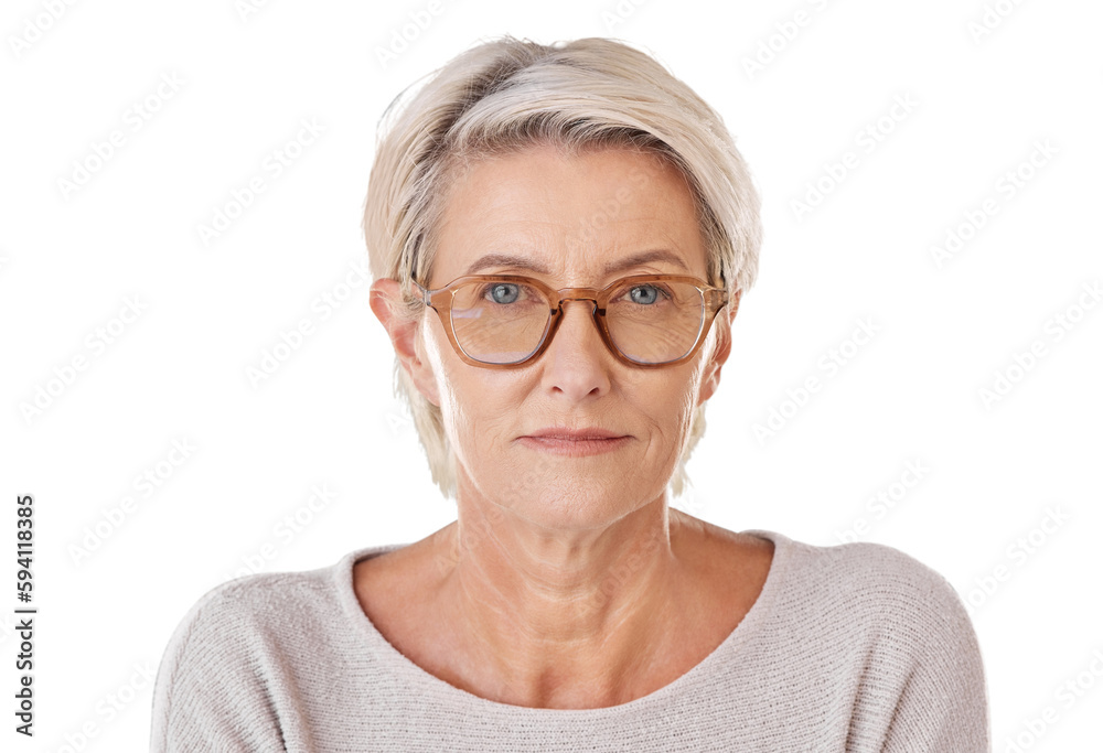 Glasses, portrait and senior woman in a studio for eye care, vision and optical wellness. Healthcare, optometry and face of a elderly female model with spectacles isolated by a png background. Glasses, portrait and senior woman in a studio for eye care, vision and optical wellness. Healthcare, optometry and face of a elderly female model with spectacles isolated by a png background.