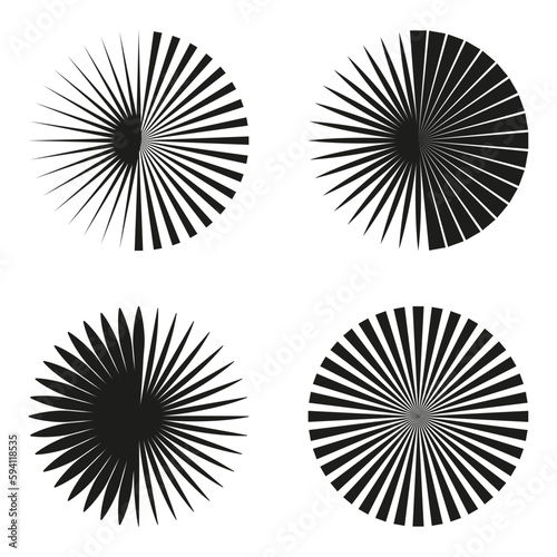 Radial, radiating lines, stripes abstract circular element. Rays, beams starburst, sunburst element. Converging, merging, spreading lines. Vector illustration.