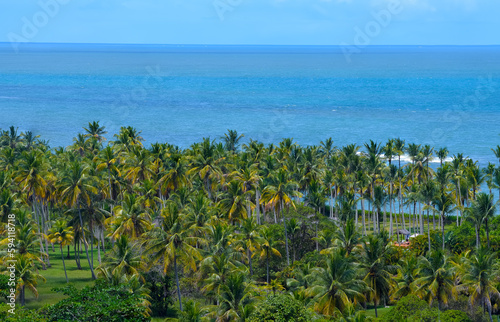 Landscape view from Arraial d Ajuda  beautiful beach background. Destination of Porto Seguro - Bahia  Brazil.