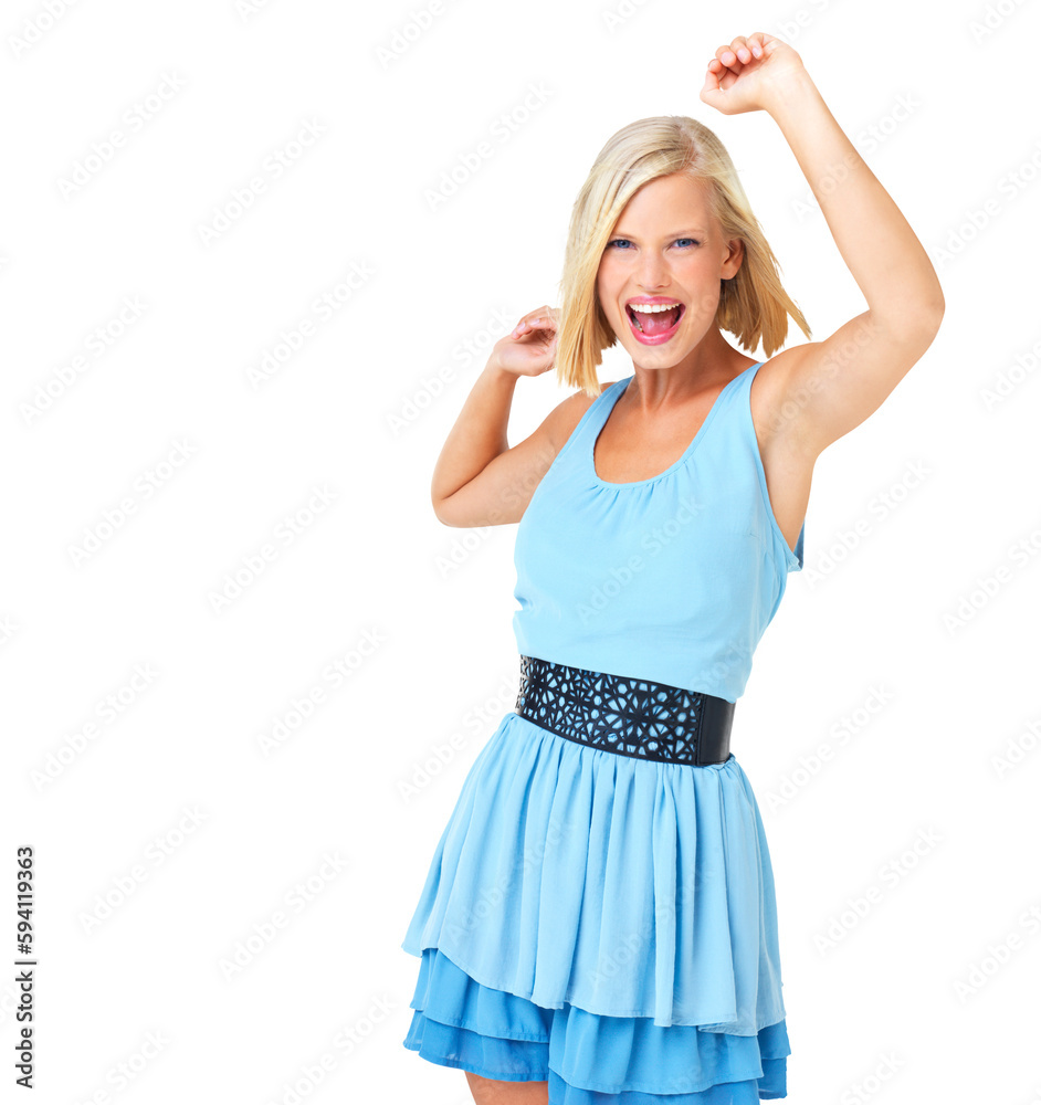 Fashion, dance and portrait of woman with trendy and modern clothes with funky style. Happiness, smile and female with excited dancing and happy person in isolated on a transparent, png background Fashion, dance and portrait of woman with trendy and modern clothes with funky style. Happiness, smile and female with excited dancing and happy person in isolated on a transparent, png background