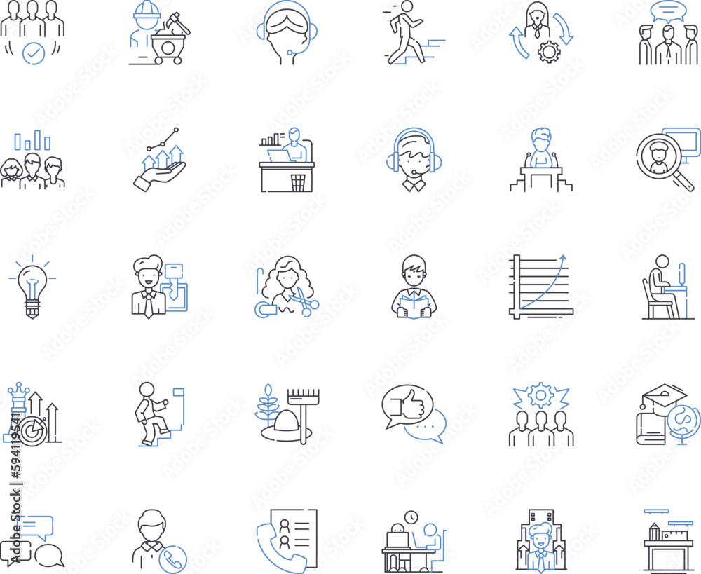 Personnel sequence line icons collection. Hiring, Screening, Recruiting, Application, Interviewing, Onboarding, Selection vector and linear illustration. Assessment,Orientation,Training outline signs
