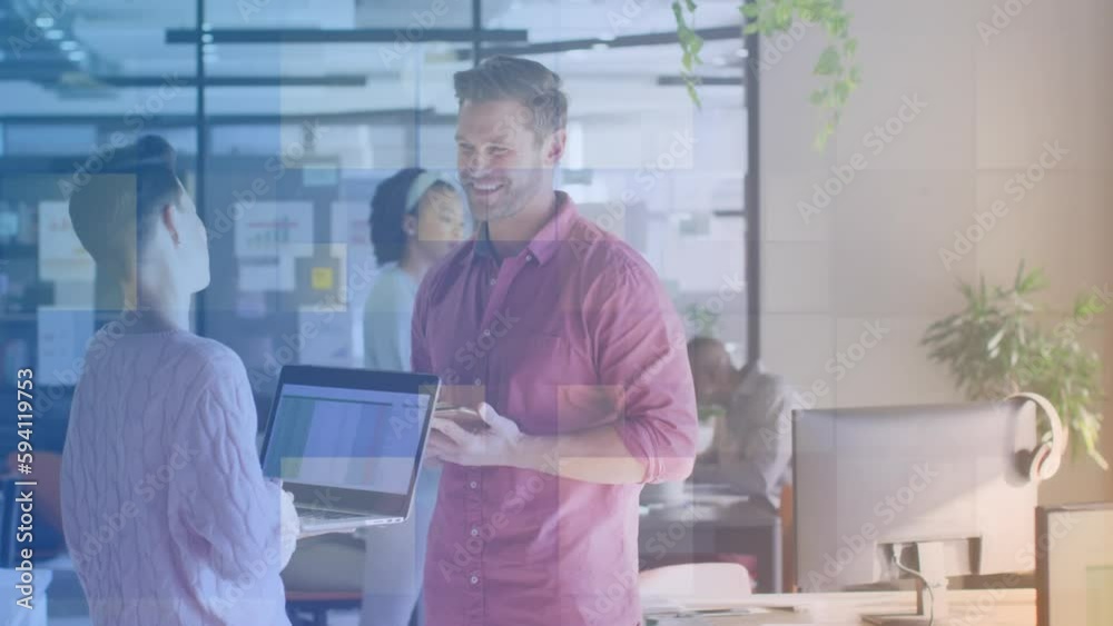 Animation of square shapes against diverse man and woman discussing at office Animation of square shapes against diverse man and woman discussing at office