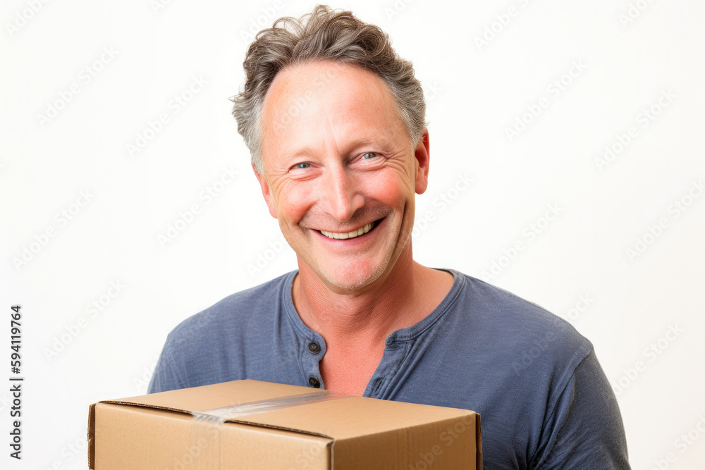 Smiling middle aged man holding a cardboard box, with a high key white background, high quality generative ai Smiling middle aged man holding a cardboard box, with a high key white background, high quality generative ai