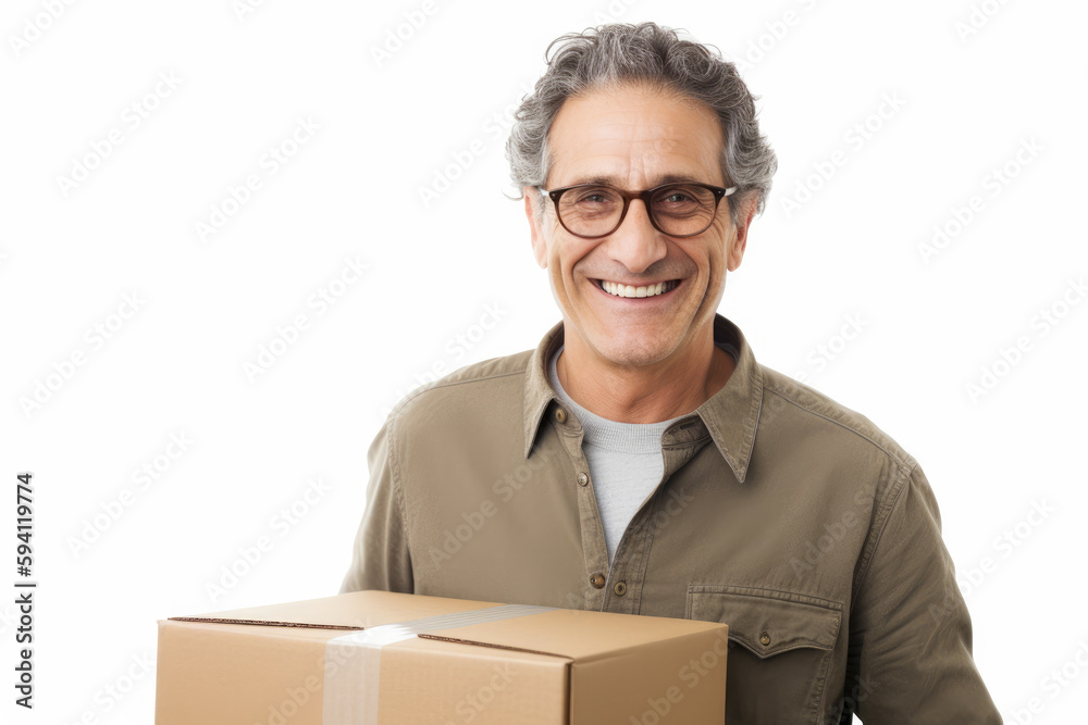 Smiling middle aged man holding a cardboard box, with a high key white background, high quality generative ai Smiling middle aged man holding a cardboard box, with a high key white background, high quality generative ai