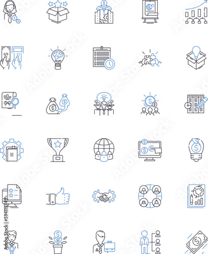 Output maximization line icons collection. Efficiency, Optimization, Utilization, Productivity, Yield, Capacity, Performance vector and linear illustration. Output,Production,Volume outline signs set