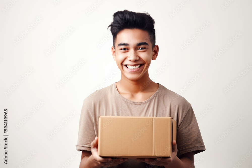 Smiling young man holding a cardboard box, with a white background, high quality generative ai Smiling young man holding a cardboard box, with a white background, high quality generative ai