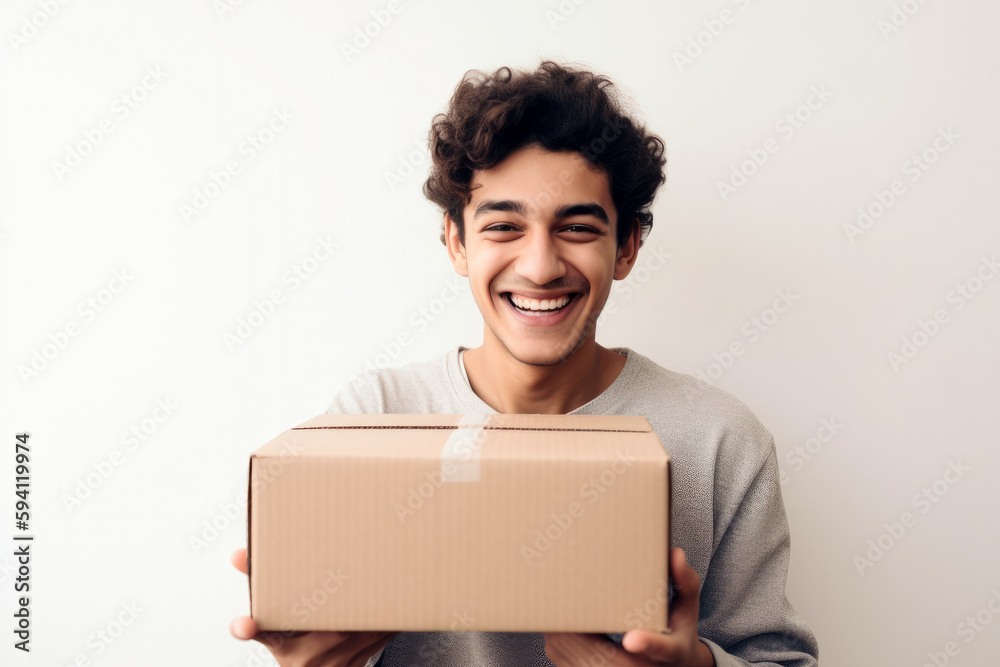Smiling young man holding a cardboard box, with a white background, high quality generative ai Smiling young man holding a cardboard box, with a white background, high quality generative ai